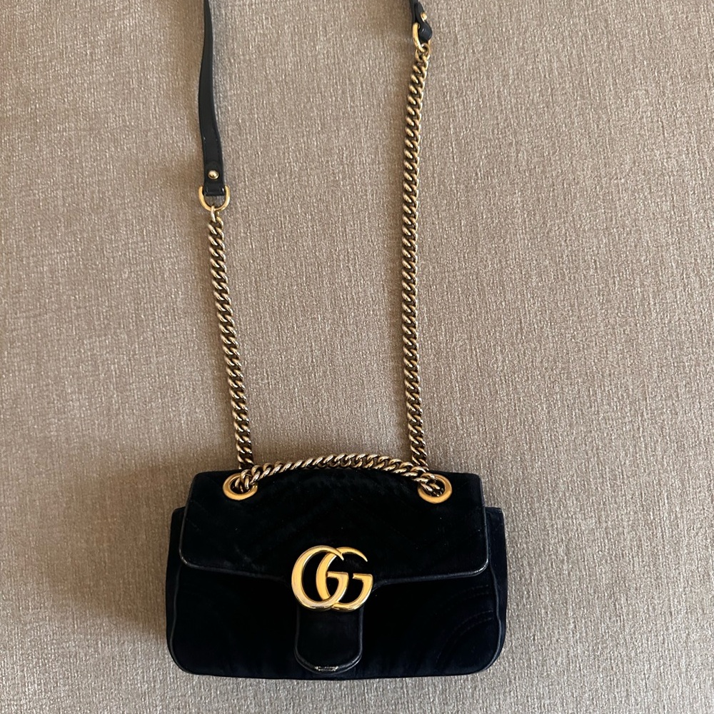 Black velvet leather with gold hardware Gucci Marmont crossbody bag. Small size